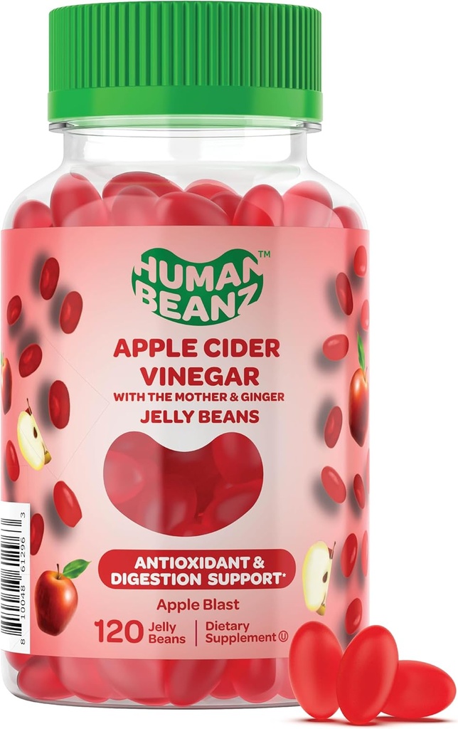 Apple Cider Vinegar Jelly Bean Gummies with The Mother and Ginger, Vegetarian Dietary Supplements for Men and Women, Digestive Health Support, 120 Apple Blast Jelly Beans, Kosher