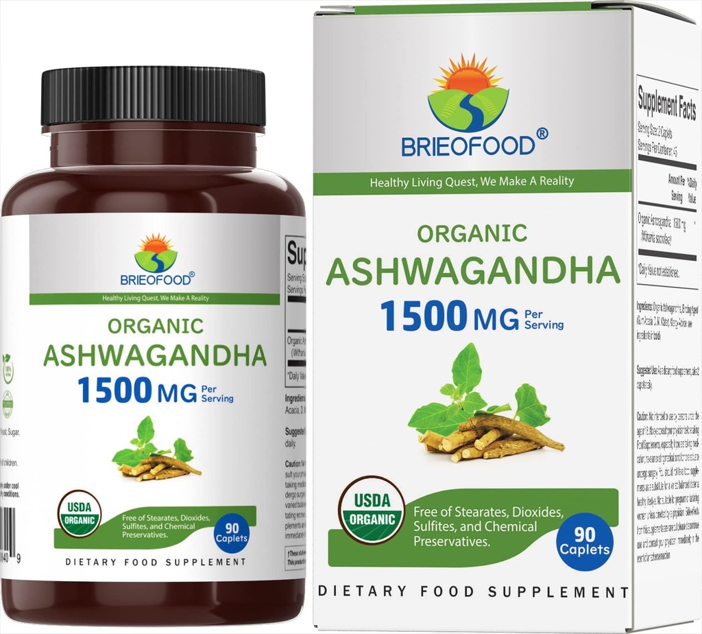 Brieofood Organic Ashwagandha 1500mg, 45 Servings, Vegetarian, Gluten Free, 90 Vegetarian Tablets