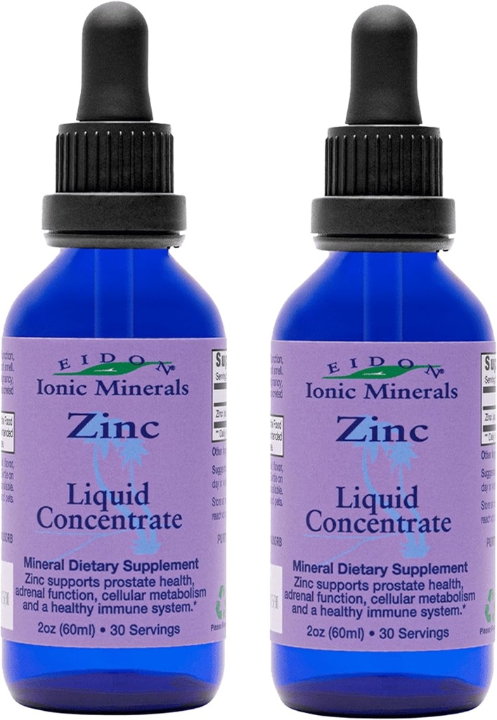 Eidon Ionic Minerals Liquid Zinc Concentrate - Ionic Zinc Supplement Drops for Adults and Kids, Support Immune System, Hair and Skin, Liver and Kidney Health - 2 oz, 2 Pack