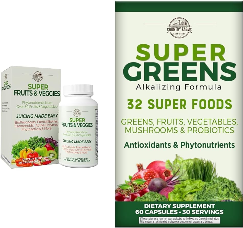 COUNTRY FARMS Super Fruits Veggies Capsules 30 Super Foods 30 Servings and Super Greens Vegicaps 32 Super Foods 60 Count 30 Servings