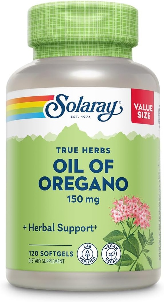 SOLARAY Oil of Oregano Softgels 150 mg - Oregano Oil Supplement for Powerful Wellness Support - Gentle Digestion - Extra Virgin Olive Oil Base - Vegan, 60-Day Guarantee - 120 Servings, 120 Softgels