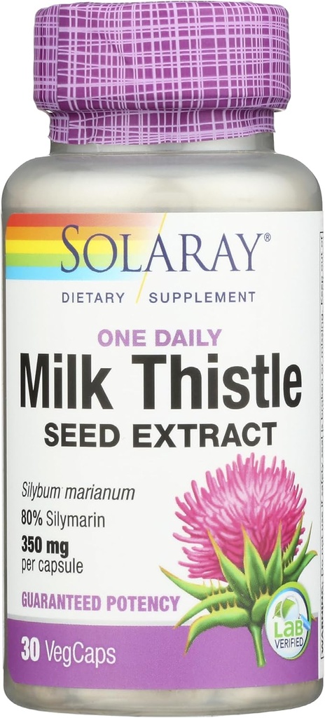 SOLARAY Milk Thistle Seed Extract 350 mg Guaranteed to Contain 80% Silymarin, Traditional Liver Support, Vegan & Lab Verified for Quality, 60 Day Money-Back Guarantee, 30 Servings, 30 VegCaps