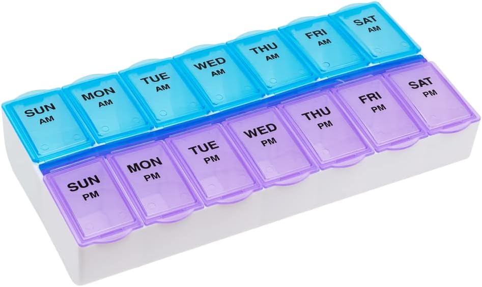 EZY DOSE Weekly (7-Day) Pill Organizer and Planner, Countoured Bottom for Easy Pill Removal, Large, Blue/Purple Am/Pm