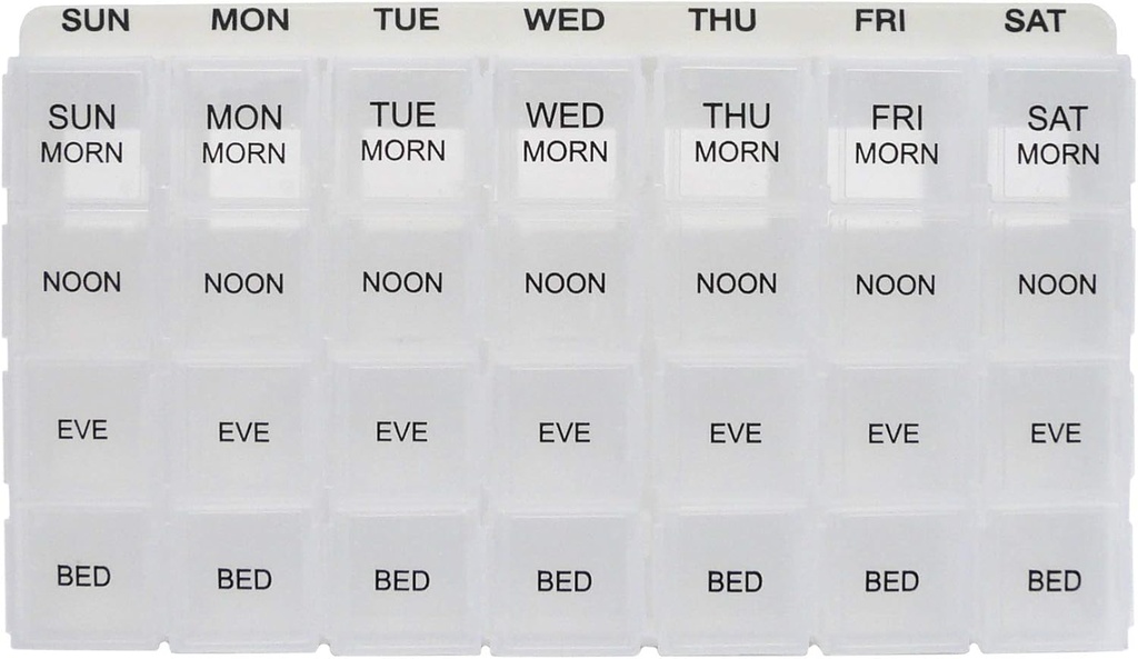 [BRSWKEYMOUGGG3DE] ProMed Weekly 4 Times Daily 7 Day Pill Organizer for Medication, Vitamins & Supplements | Ergonomic Pill Case with Removable Clear Compartments | BPA-Free & Medical-Grade Plastic