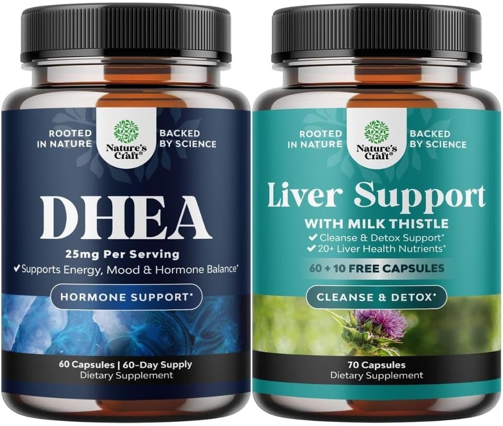Bundle of Pure DHEA 25mg for Women and Men for Mood Energy and Immune Support and Liver Cleanse and Detox & Repair Formula - Herbal Liver Support Supplement