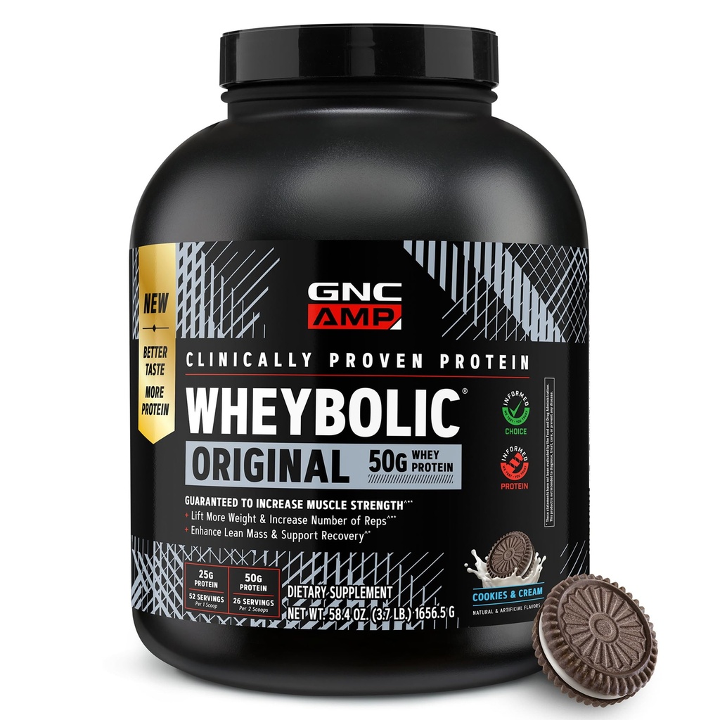 GNC AMP New Wheybolic- Clinically Studied Whey Protein Powder for Workouts & Active Lifestyles- High Leucine Content- Smooth Mixing Drink Mix for Fitness Shakes- Cookies & Cream- 58.4 Oz (26 Servings)