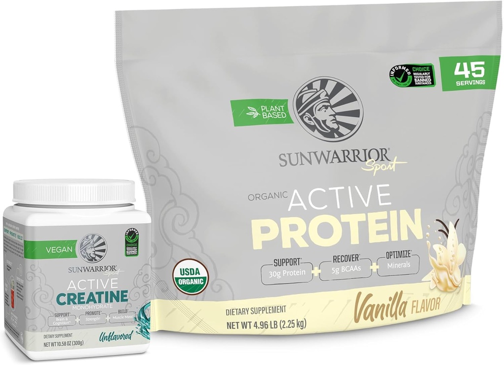 Sunwarrior Active Organic Protein Powder Plant-Based Vanilla Flavored 45 Servings & Creatine Monohydrate Powder 60 Servings