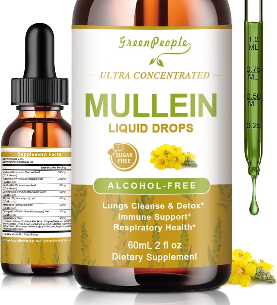 Mullein Drops for Lungs & Lymphatic Drainage - 13-in-1 Botanical Blend w/Marshmallow Root, Elderberry, Oregano for Respiratory Support - Lung Detox for Smokers - Alcohol-Free, 2 fl