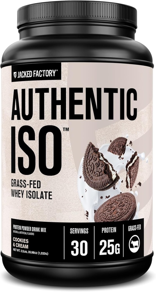 Jacked Factory Authentic ISO Grass Fed Whey Protein Isolate Powder - Low Carb, Non-GMO Muscle Building Protein w/No Fillers, Post Workout Recovery, Cookies & Cream