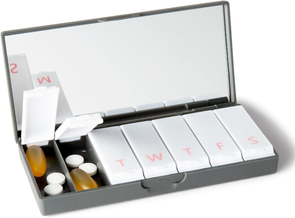 Designer Weekly Pill Box Organizer (Single 1X Daily, Charcoal Gray) | Compact, Stylish 7-Day Vitamin Supplement Case | Cute Portable Mini Travel Medicine Carrier | BPA-Free Pillbox Caddy