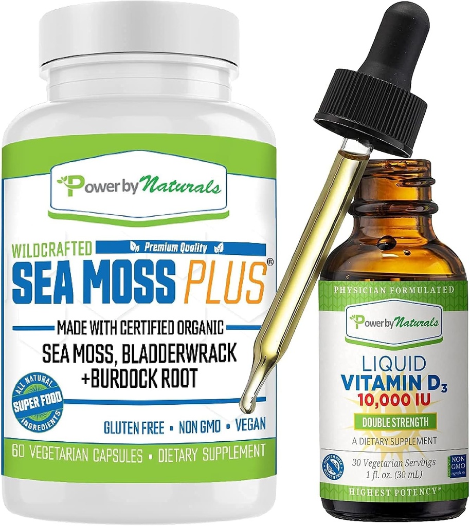 Power By Naturals Certified Organic Sea Moss Plus Supplements with Wildcrafted Irish Sea Moss & High Potency Liquid Vitamin D3 10000 IU - High Dose Vitamin D - The Sunshine D3 Vitamin Supplement