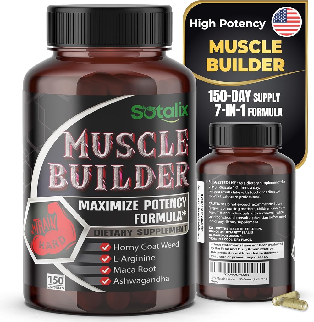 Ultra Muscle Builder Supplement with L-Arginine & Tribulus – Sports Training Support – 150 Capsules (150-Day Supply)