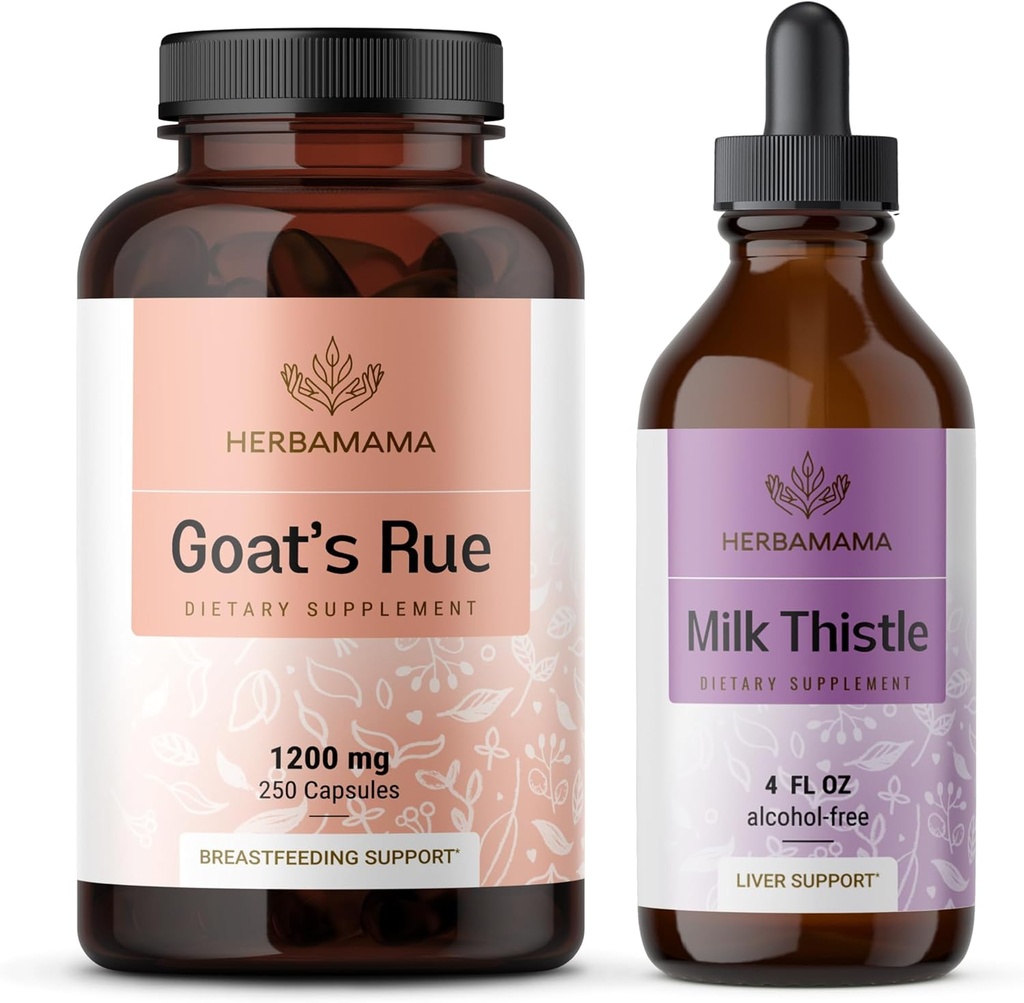 HERBAMAMA Goat's Rue and Milk Thistle Kit - Bundle of 1200 mg Goat's Rue Capsules & Milk Thistle Liver Detox Drops 4 fl oz - Vegan, Non-GMO, Sugar & Alcohol-Free - 2 Pack