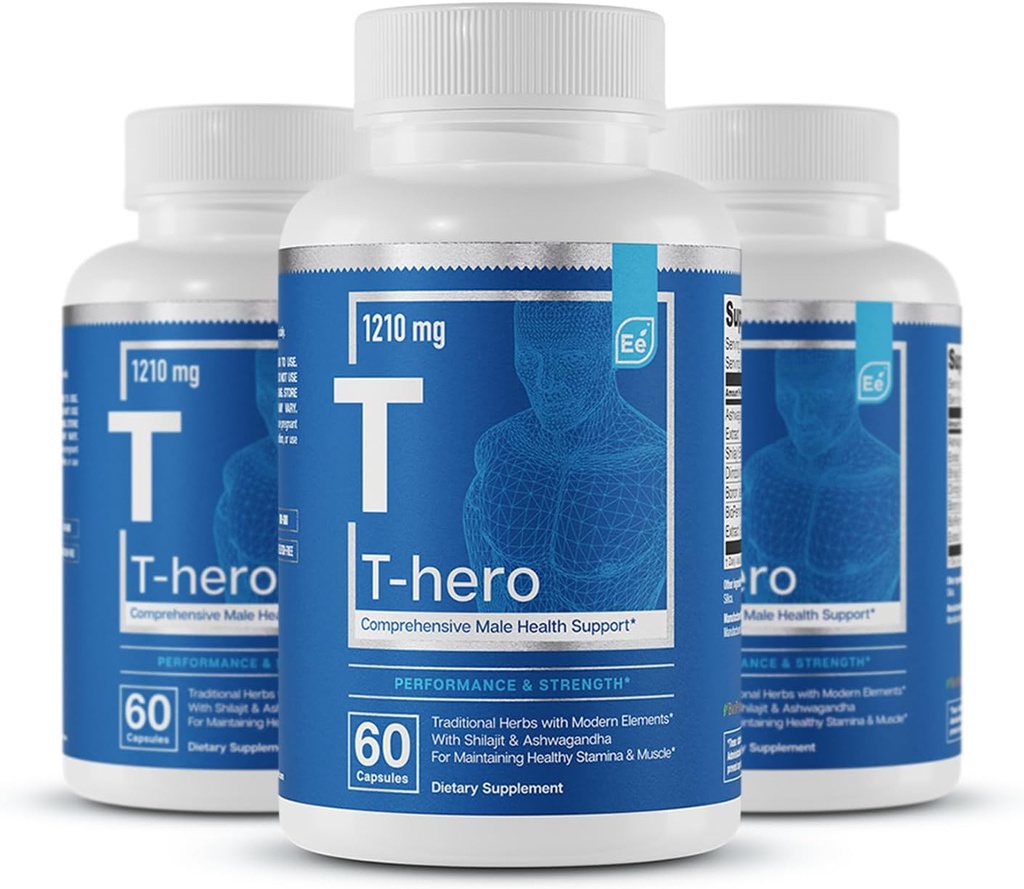 Essential Elements Male Health Supplement - Muscle Support & T-Health with DIM, Ashwagandha, Shilajit, More | T-Hero 60 Vegan Capsules (3-Pack)