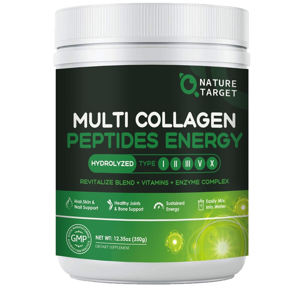 NATURE TARGET Collagen Powder for Women, Multi Collagen Peptides with Multivitamin & Digestive Enzyme Energy Blend, Supports Skin Hair, Nail & Joint, Non-GMO, 35 Servings