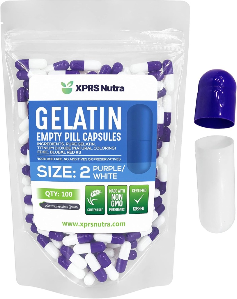 XPRS Nutra Size 2 Empty Capsules - 100 Count Empty Gelatin Capsules - Pills DIY Capsule Filling - Pure Bovine Pill Gel Caps for Do-It-Yourself Supplements (Purple/White)