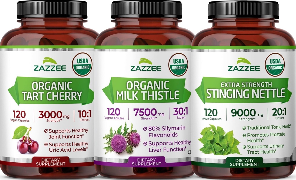 Organic Liver and Kidney Cleanse Detox & Repair Support Bundle | Organic Stinging Nettle Extract plus Milk Thistle Extract and Super Concentrated Tart Cherry Capsules | Non-GMO Vegan & ISO Lab Tested