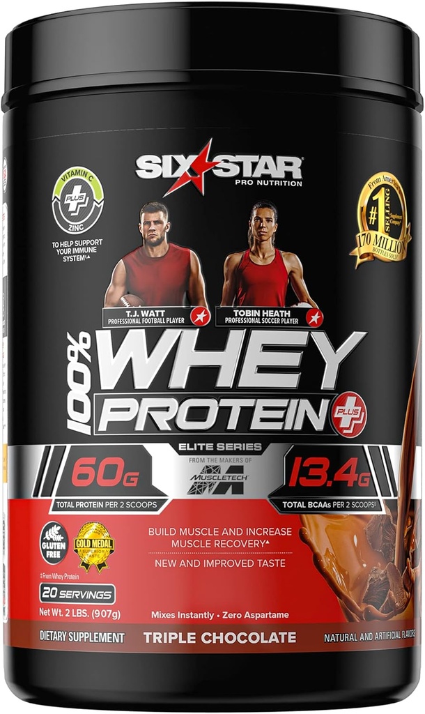 Whey Protein Powder + Immune Support | Six Star Whey Protein Plus | Whey Protein Isolate & Peptides + Muscle Builder | Lean Protein Powder for Muscle Gain & Recovery | Chocolate, 2 lbs