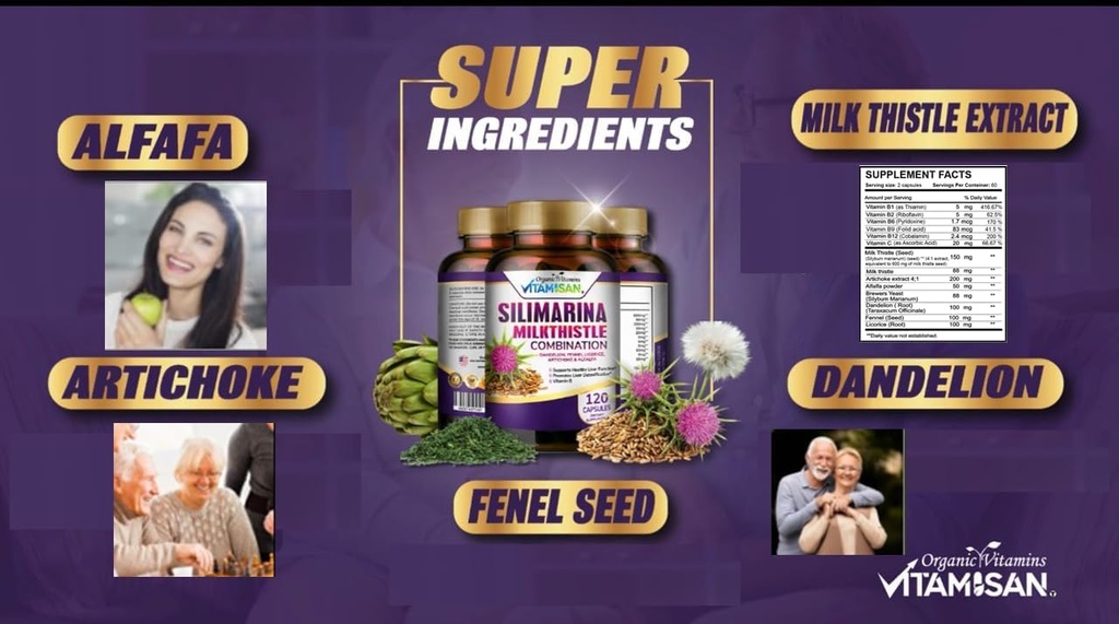 Milk Thistle silimarina with Dandelion, Fennel. Licorice, Artichoke Alfalfa Detox & Cleansing Formula Support Liver 120 Capsules
