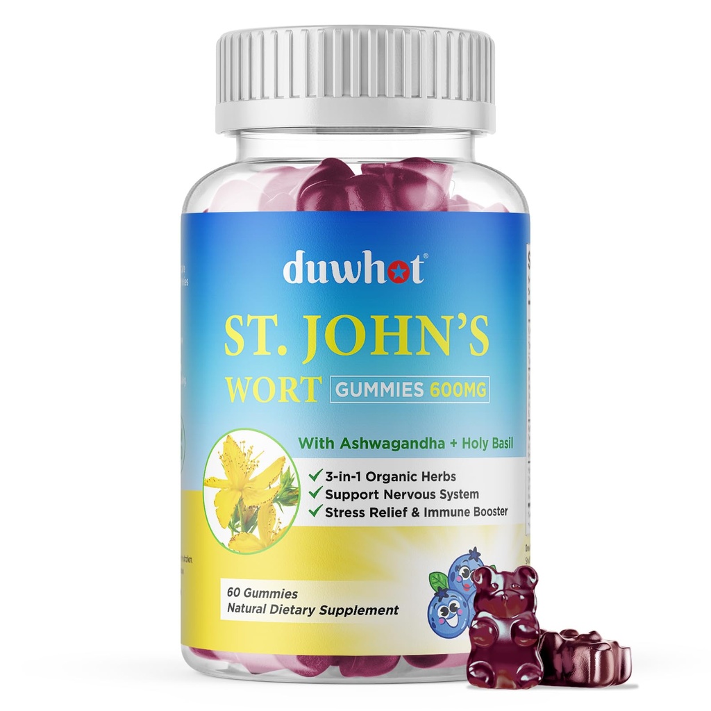 duwhot St John's Wort Gummies 600mg, 3 in 1 Organic Herbal Supplements for Stress Relief, Nervous System Support, with Ashwagandha & Holy Basil Extract for Adults & Kids, Non-GMO, Vegan, 60 ct.
