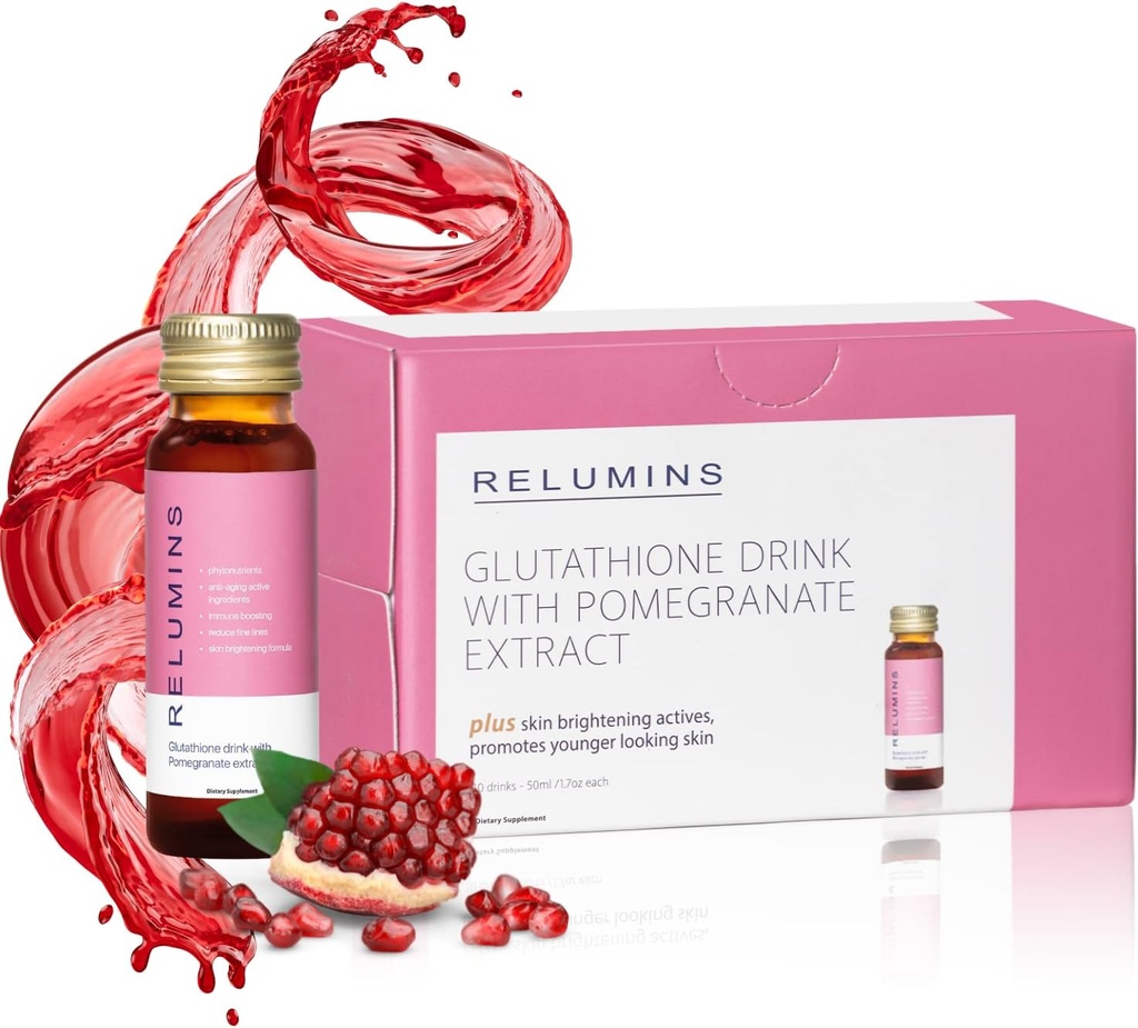 Relumins Glutathione Hydration Shots - Post-Summer Skin Recovery & Cold Weather Hydration - Collagen-Boosting & Made in USA - Pomegranate Flavor – 10 Bottles x 50 ml