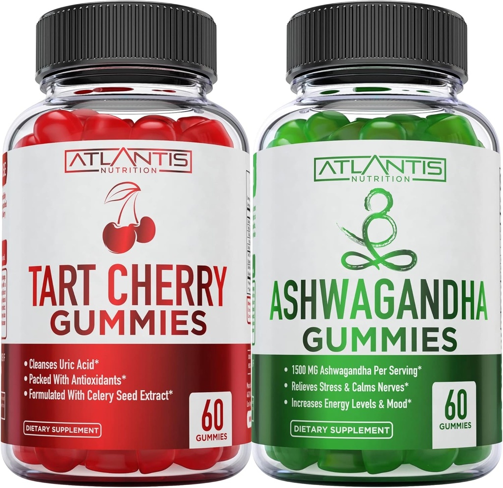 60 Ashwagandha Gummies + 60 Tart Cherry Gummies -Ashwagandha Boosts Energy Levels & Strengthens Immune System - Tart Cherry Has Advanced Uric Acid Cleanse for Immediate Gout Pain Reli
