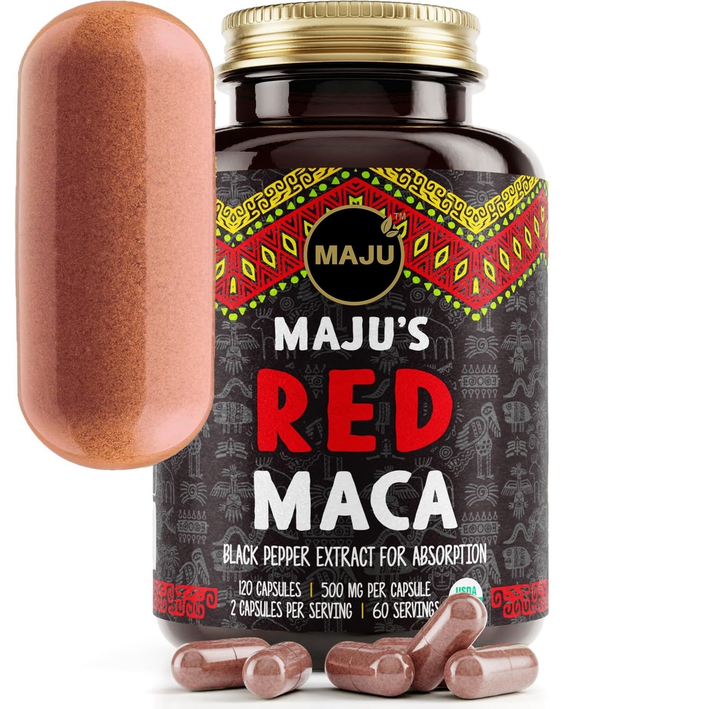 Maju Superfoods Organic Red Maca Root Capsules 120ct - Women Focused Curve Enhancement Nutrition Booster Pills, Gain for Thighs, Powder in Pill Supplement