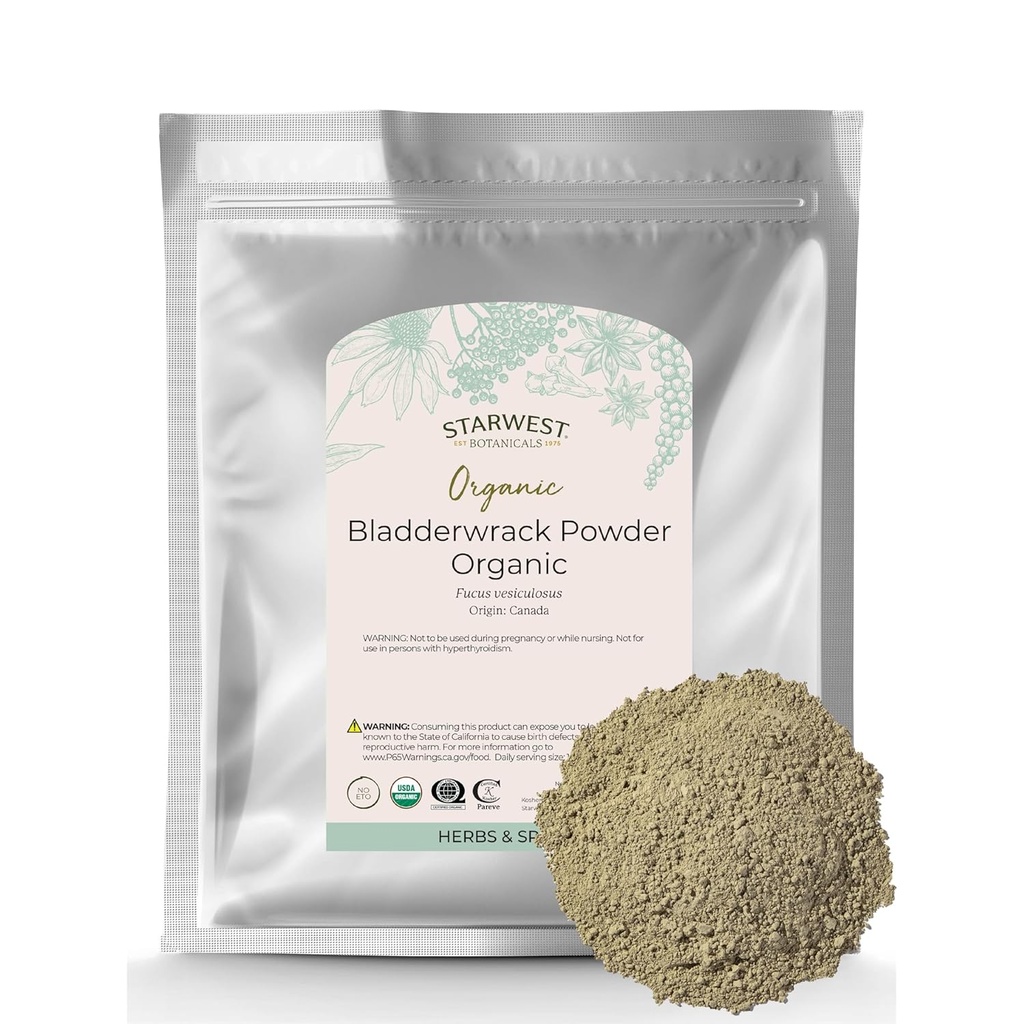 Starwest Botanicals Dried Bladderwrack Organic Powder - Natural Seaweed Herb, Source of Iodine, Potassium, Zinc, Calcium, Vitamins A & C, Certified Kosher, Non-GMO - Bulk 1 lb Bag