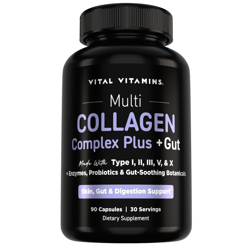 Vital Vitamins Multi Collagen Complex Plus + Gut - Types I, II, III, V & X Peptides - Enzymes, Probiotic & Gut Botanicals - Skin, Hair, Nails & Digestion Support - 90 Ct