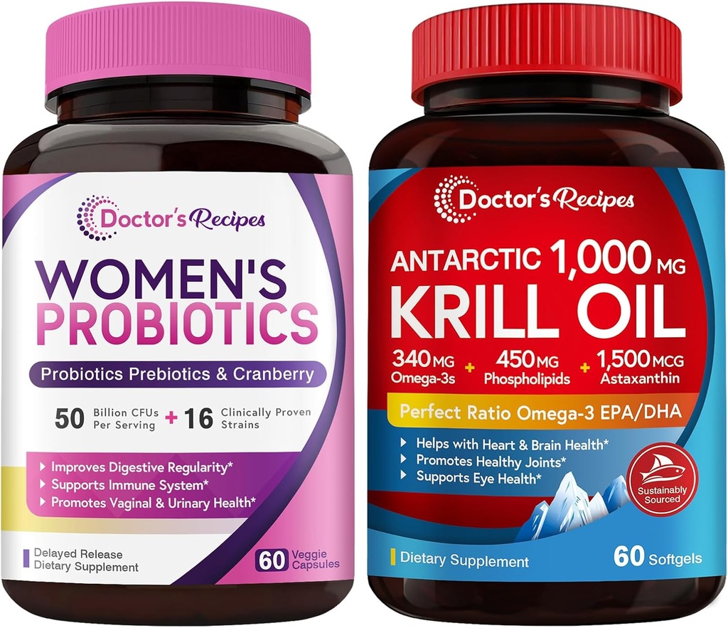 Doctor's Recipes Women’s Probiotics & Antarctic Krill Oil Bundle, Digestive, Joint, and Immune Health Support, No Gluten, Probiotics (60 Capsules) & Krill Oil (60 Softgels)