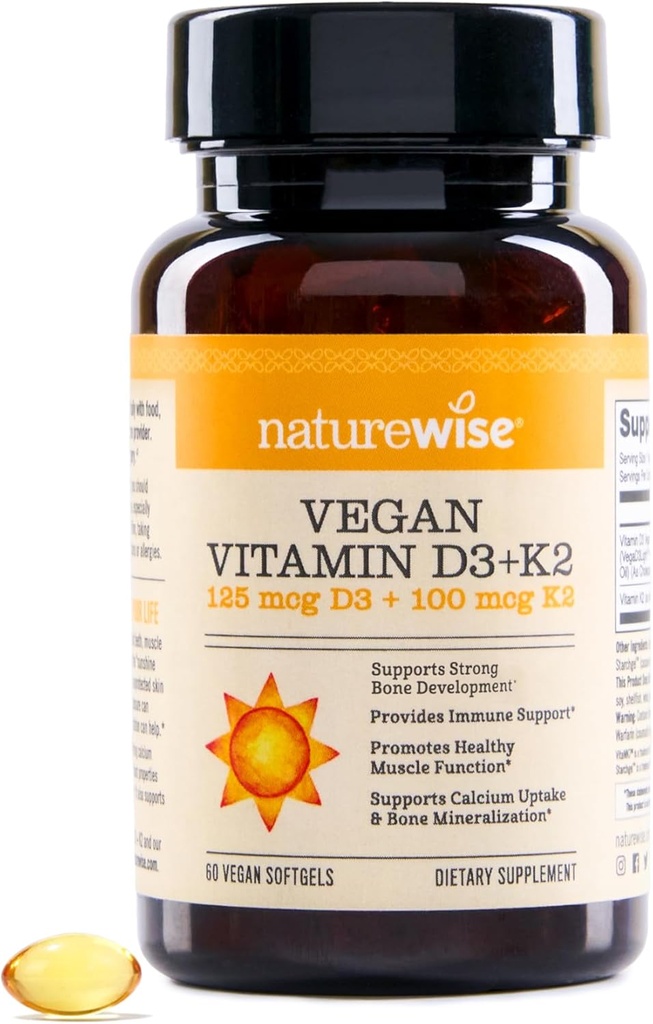 NatureWise Vegan Vitamin D3 + K2 - Organic D3 5000IU + Natural Vitamin K2 100mcg - Bone Support - High Absorption with Organic Cold-Pressed Olive Oil - Non-GMO