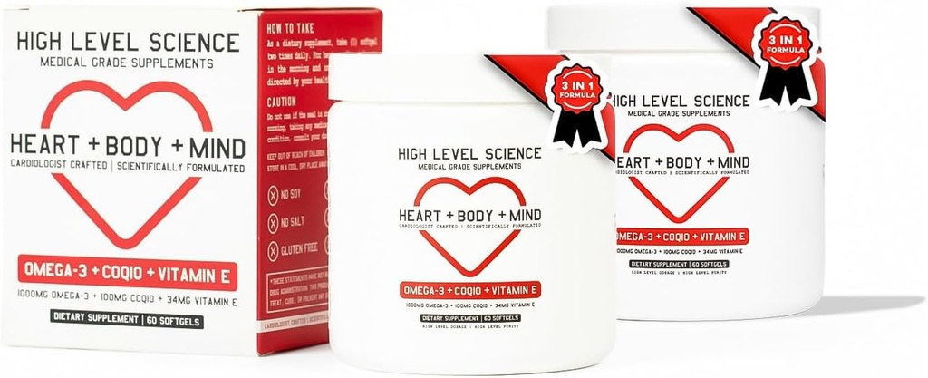 High Level Science CoQ10, Omega-3, Vitamin E, Cardiologist Formulated for Heart + Body + Mind Health, DHA/EPA, Antioxidant for Energy, Superior Bioavailable Fish Oil, Gluten Free, 60 Softgels - 2 Pack
