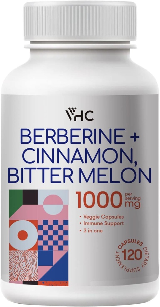 Berberine Supplement 1000mg with Ceylon Cinnamon, Bitter Melon, 3 in 1 Triple Action Formula Berberine HCL Supplements, for Immune, Cardiovascular, Gastrointestinal, 120 Veggie Capsules, Made in USA