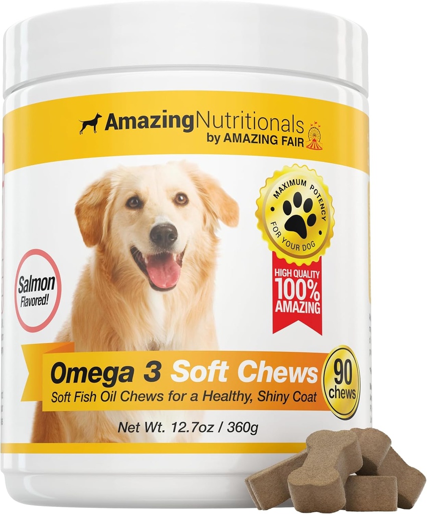 Amazing Omega 3 for Dogs - Omega 3 Fish Oil for Dogs Supplement for Itchy Skin Relief for Dry Skin and Hot Spots and Shedding Coat with EPA and DHA Fatty Acids - 90 Salmon Soft Chews