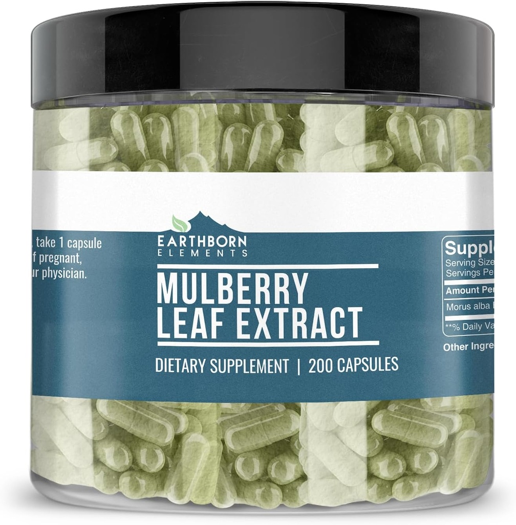 Earthborn Elements White Mulberry Leaf Extract 200 Capsules, Pure & Undiluted, No Additives