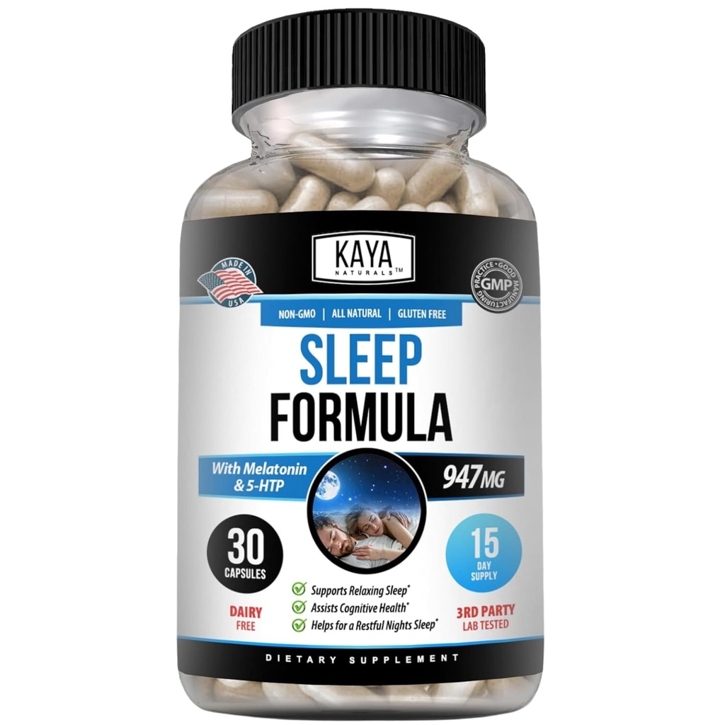 Kaya Naturals - Sleep Support Formula with Melatonin - Aid Support Vitamin Supplement - Sleep Stress and Mood Support - L-Tryptophan, Passion Flower, Ashwagandha and More (30 Count)