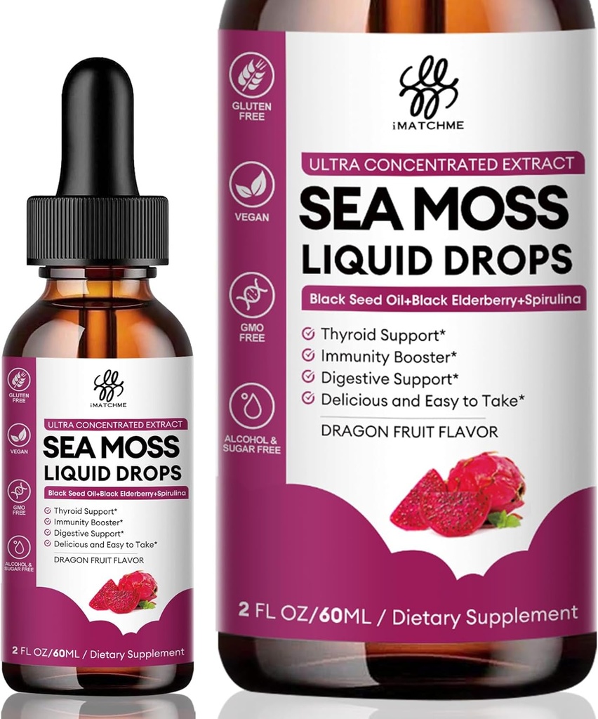 Sea Moss Black Seed Oil for Immune System, Gut, Skin & Energy, 7 in 1 Sea Moss Complex Liquid Drop with Spirulina, Black Elderberry, Burdock Root, Bladderwrack, Dragon Fruit Flavor, 2 Fl Oz