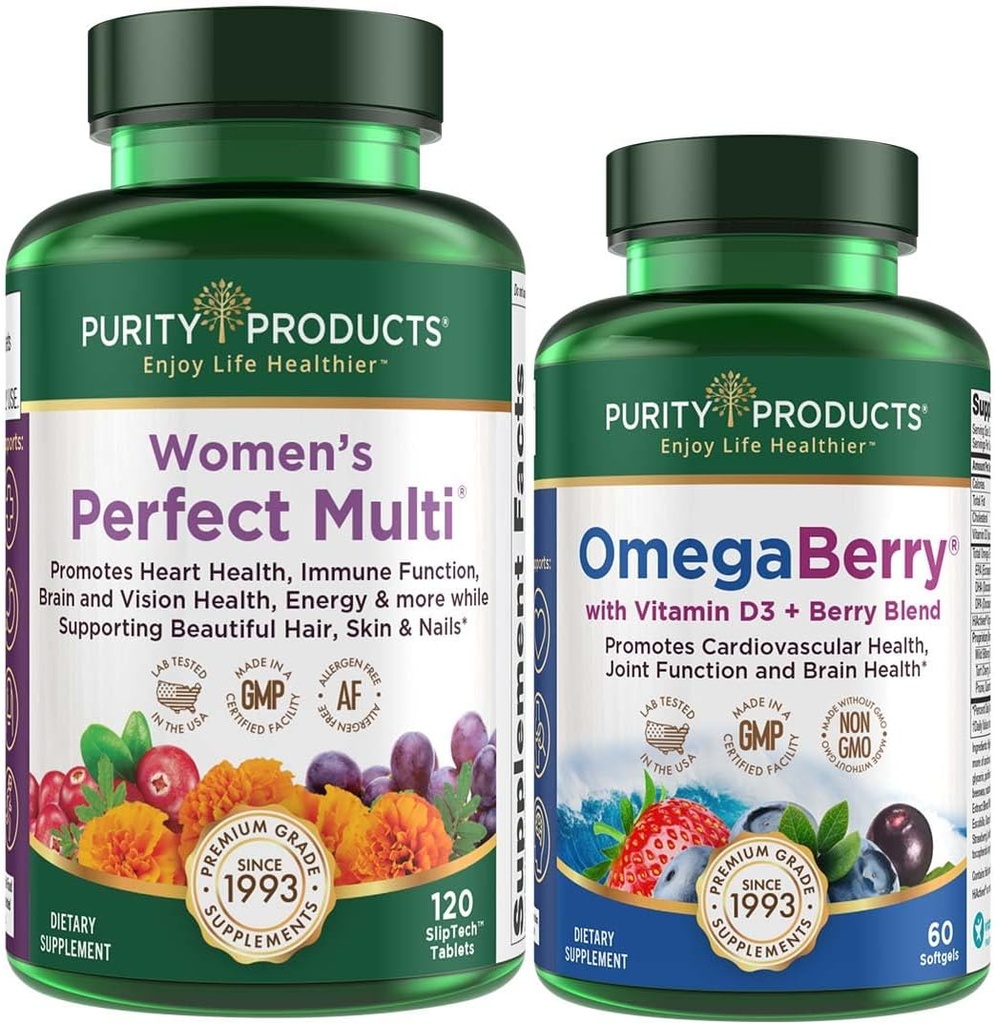 Purity Products Women’s Perfect Multi + OmegaBerry Fish Oil Women's Multi (Supports Urinary Tract Health, Immune, Bone, Hair, Skin, Nails + More) - OmegaBerry (1250mg Omega-3, Vitamin D3 + More)