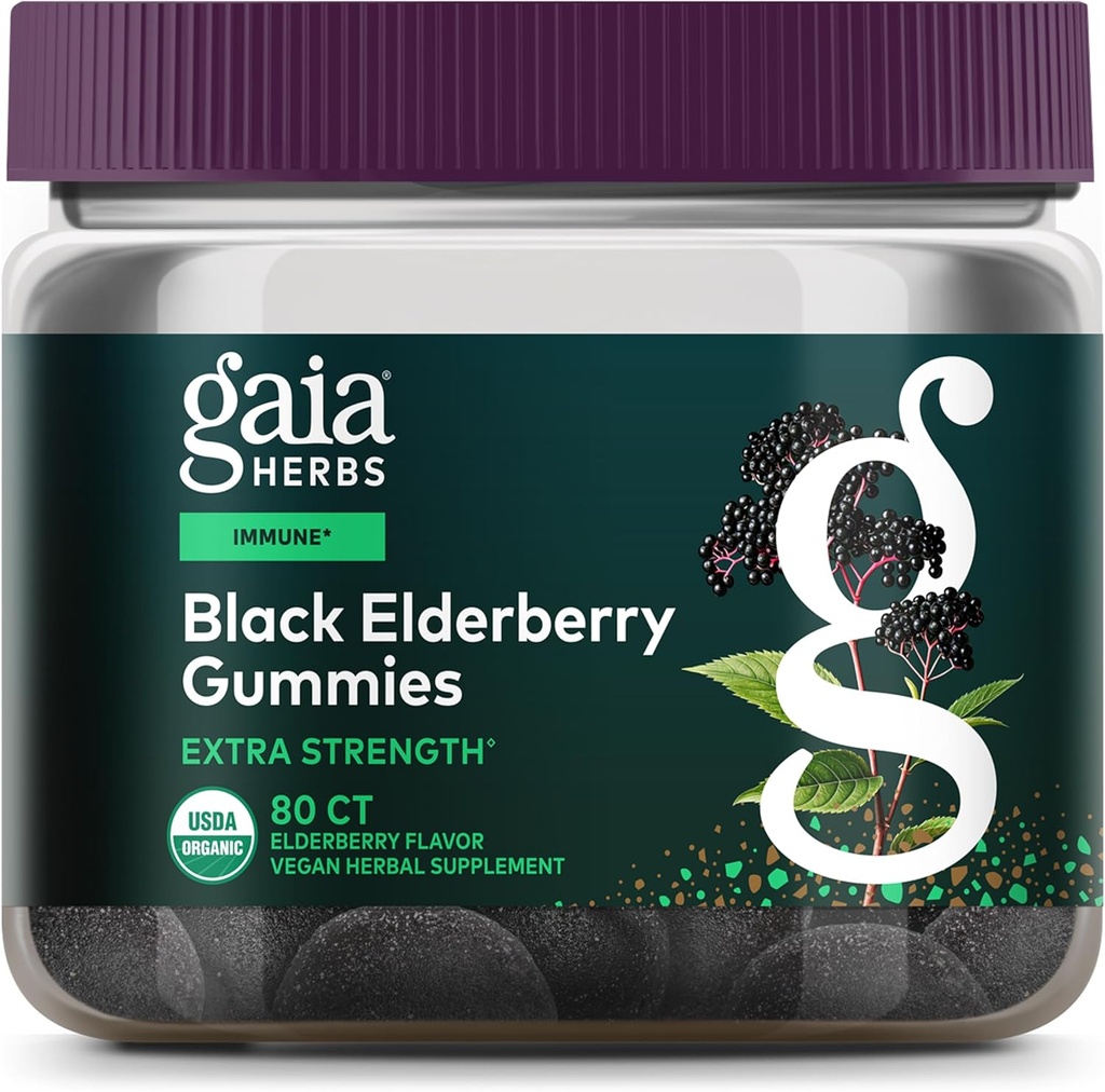 [BRSWY2YFAAMAYA3P] Gaia Herbs Black Elderberry (Sambucus Nigra) Extra Strength Gummies - Delicious Immune Support Supplement - Made with Certified Organic Black Elderberries for Immune System Support - 80 Gummies
