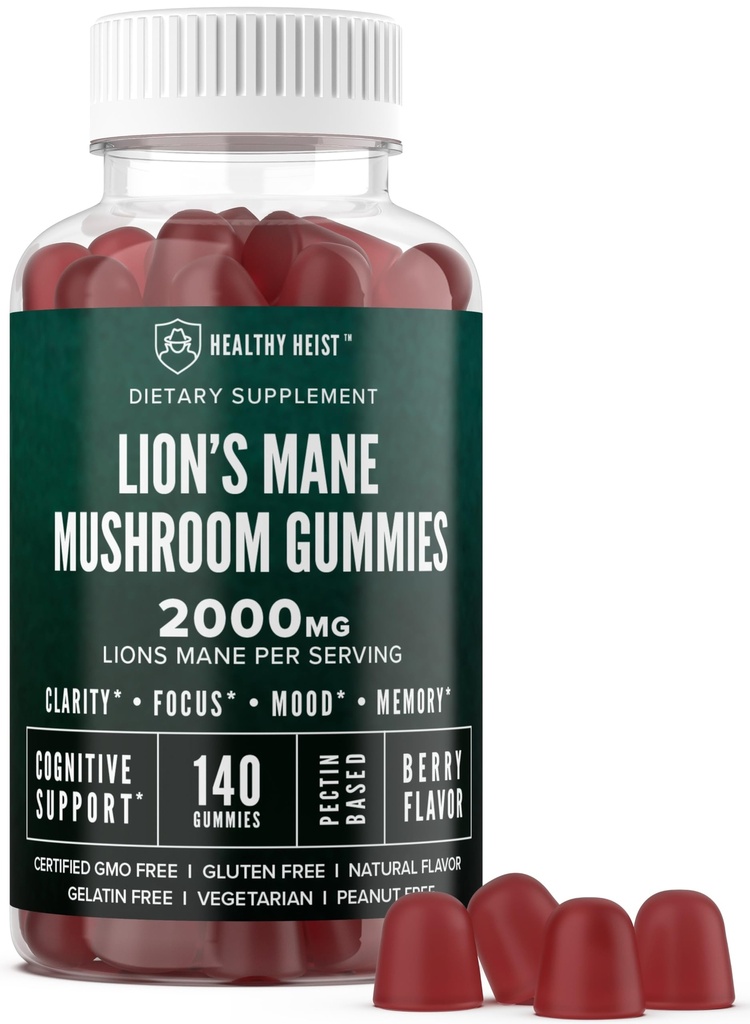 Lions Mane Mushroom Gummies for Adults, 140 Count Bulk Lion's Mane Chewables, High Potency 10:1 Organic Extract amounts to 2000mg, Supplement Supports Mental Clarity, Focus, Mood and Brain Fog