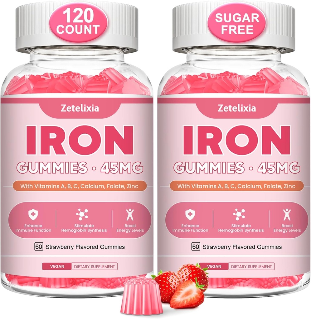 Vegan 2 Pack Iron Supplement Gummies for Women & Men, Anemia, Blood Builder & Energy Support for Iron Deficiency, with Vitamin C, A, B Complex, Folate, CoQ10, Sugar Free, Non-GMO, 120 Count