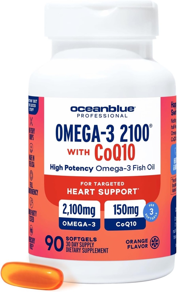 Oceanblue Omega 3 2100 with CoQ10 | Triple Strength Fish Oil Combo Supplement | 1350MG EPA 650MG DHA 150MG DPA with 150MG CoQ10 | Orange Flavor | Heart Support | 90 Softgels