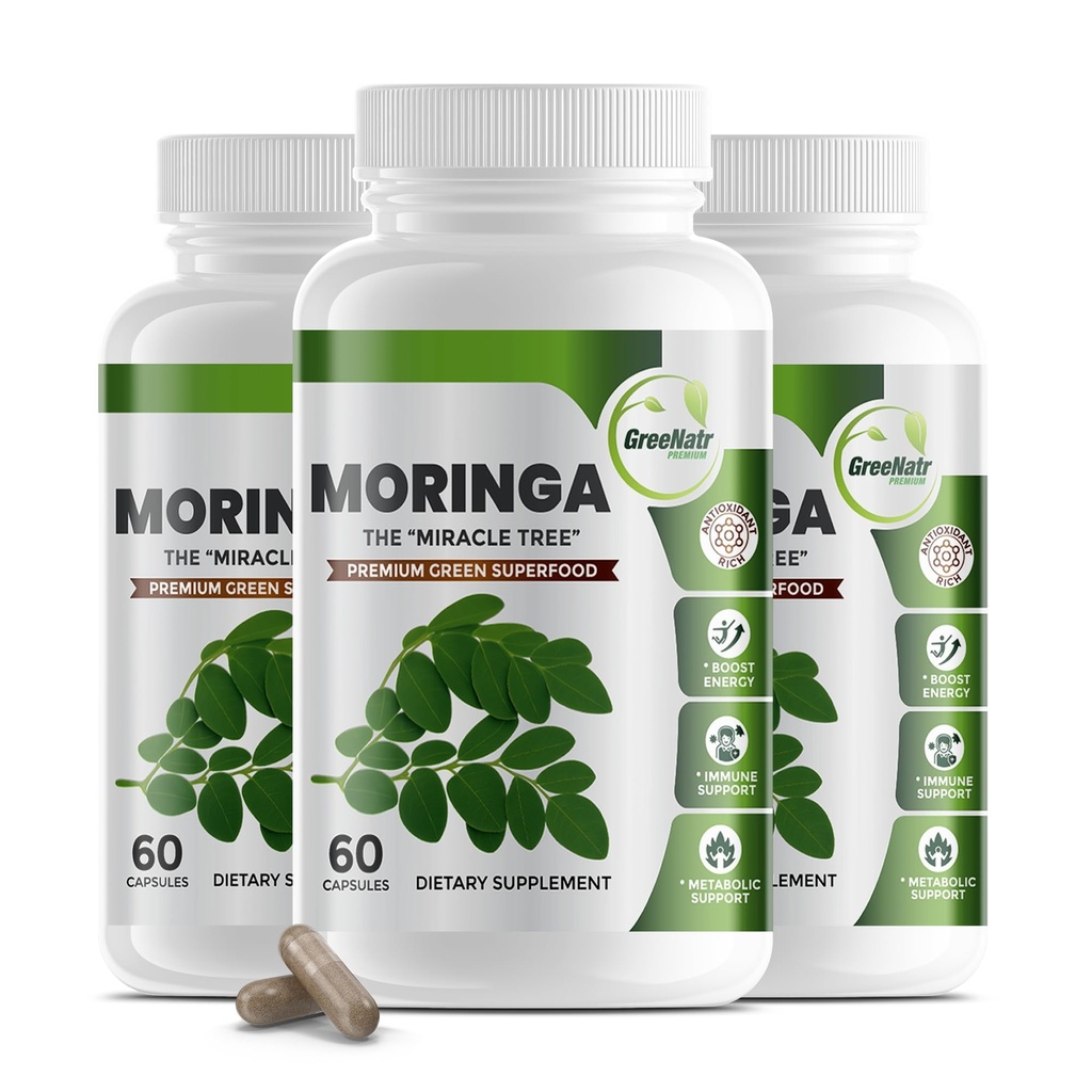 GreeNatr Pure Moringa Oleifera Leaf Extract Veggie Capsules 1000 mg. Natural Herbal Supplement. Energy, Mood, Memory and Focus Support. Premium Green Superfood (3 Bottles)