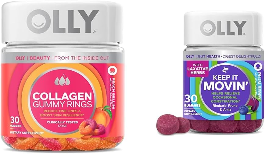 OLLY Collagen Gummy Rings Skin Elasticity, 30 Count & Keep It Moving Constipation Relief Gummies, 30 Count