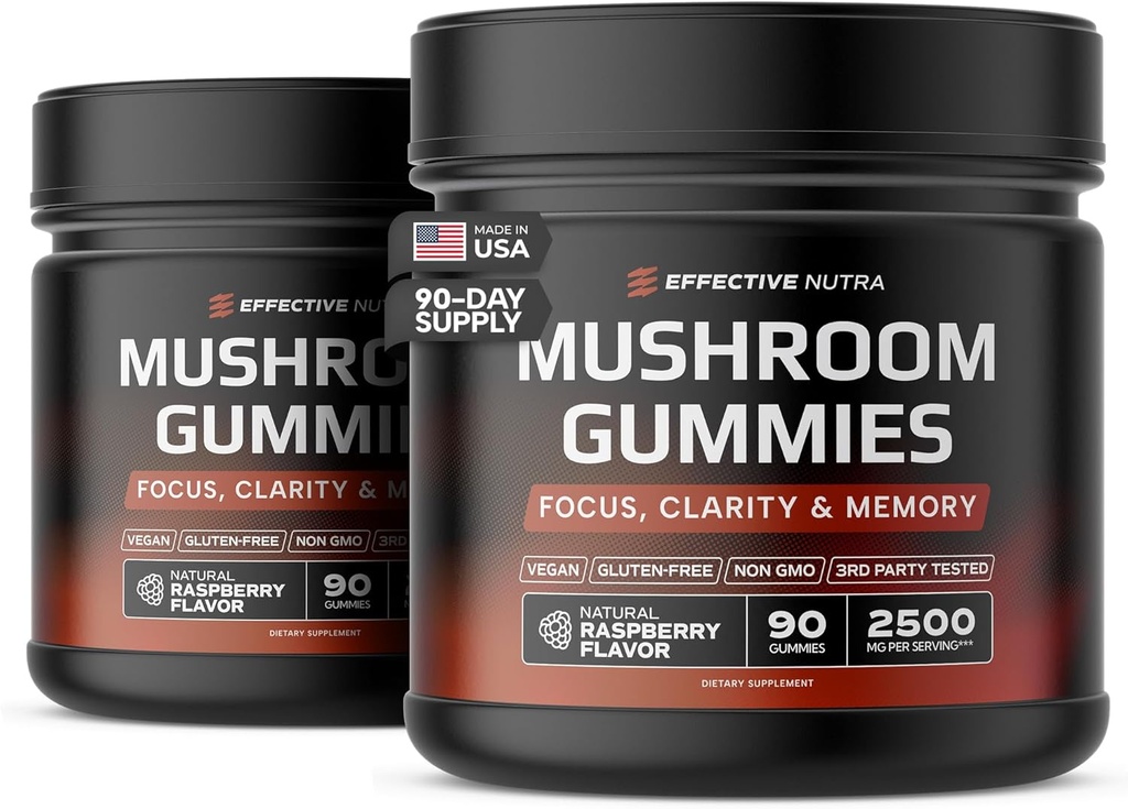 Mushroom Gummies - 10 Mushroom Blend 2500 mg - Lion's Mane, Reishi, Cordyceps - Focus, Clarity & Memory - Vegan, Gluten Free (2-Pack)