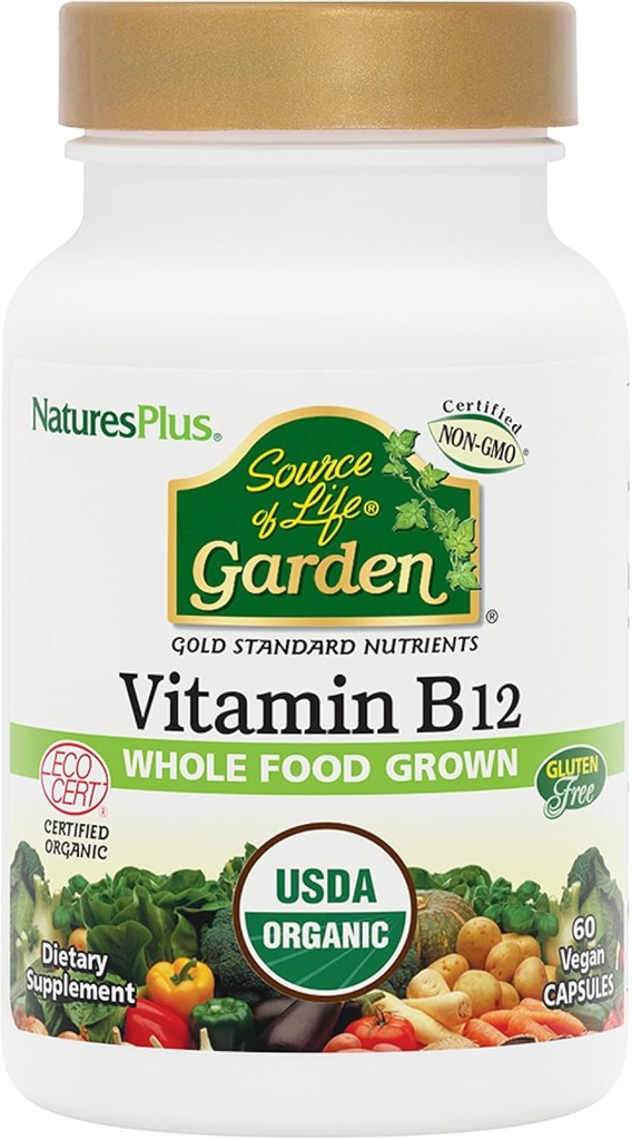 Natures Plus Source of Life Garden Vitamin B12 - Pack of 2, 60 Vegan Capsules - Vegetarian, Gluten Free, Certified Organic - 60 Total Servings