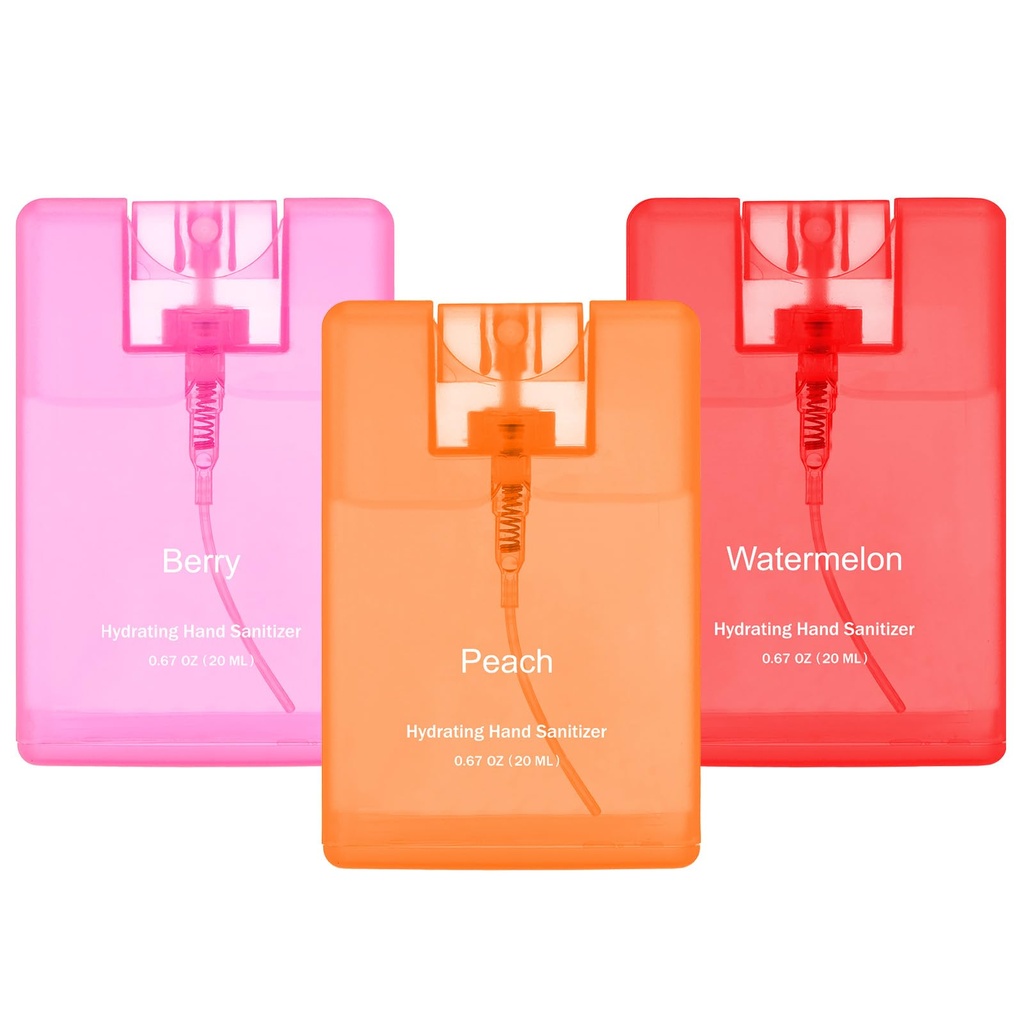 Set of 3 Power Mist Hydrating Hand Sanitizer Spray Bulk Travel Size Portable Hand Sanitizer 0.67 Fl. oz Compact Card Spray Bottle Watermelon Peach Berry Scent for Pocket Bag Purse Car Backpack