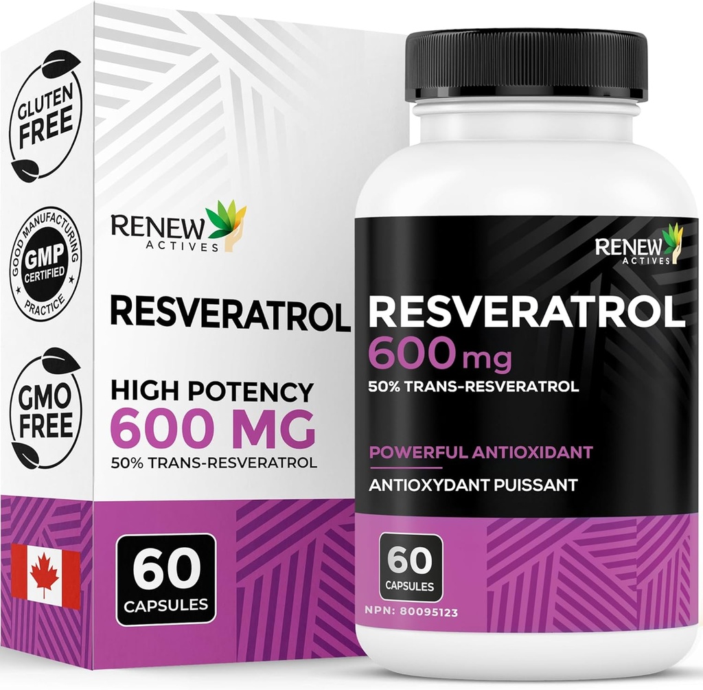 Renew Actives Resveratrol Supplement 600mg per Serving - High-Potency Antioxidant Complex with 50% Trans-Resveratrol – Supports Cellular Health & Longevity - Made in Canada – 60 Vegan Capsules