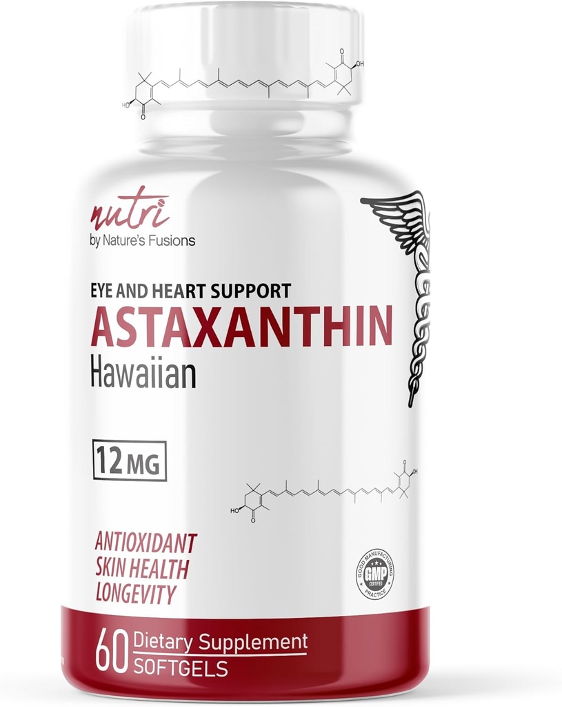 Nature's Fusions Nutri Astaxanthin 12mg Max Strength - Premium Supplements Grown in Hawaii - Powerful Antioxidant, Promotes Heart and Eye Health - 60 Softgels for Fast Absorption