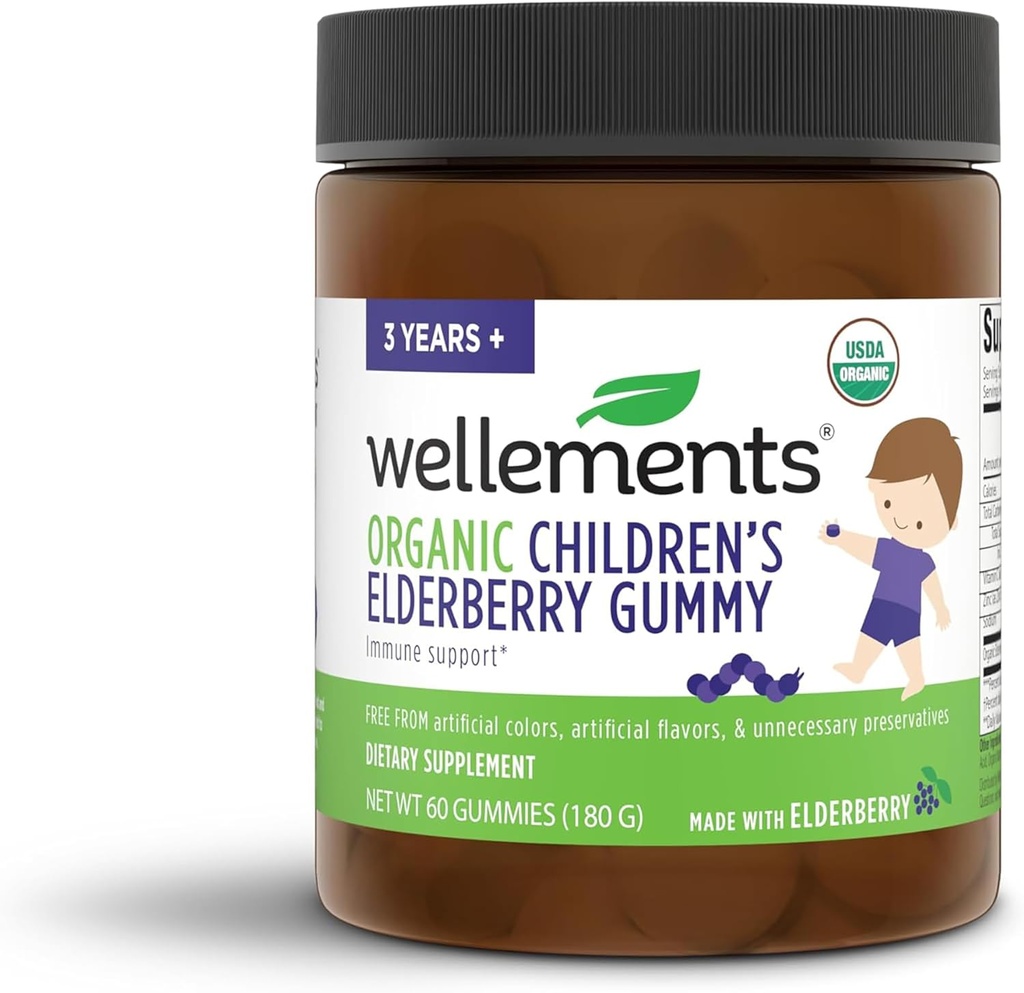 [BRSW2C33PICAO3DA] Wellements Organic Children's Elderberry Gummy | Daily Kids Immune Support Gummies*, Made with Vitamin C and Zinc, USDA Certified Organic, No Artificial Colors | 2 Years +, 60 Count